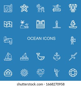 Editable 22 ocean icons for web and mobile. Set of ocean included icons line Map, Turtle, Fish, Submarine, Lobster, Sea, Tsunami, Lighthouse, Windsurf, Pirate on blue background