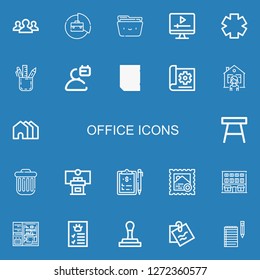 Editable 22 office icons for web and mobile. Set of office included icons line Teamwork, Briefcase, Folder, Screen, Clinic, Pencil case, User, Resume, Document on blue background