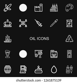 Editable 22 oil icons for web and mobile. Set of oil included icons line Olive, Lantern, Factory, Color palette, Water tank, Mining, Blood, Pipette, Eco fuel on black background