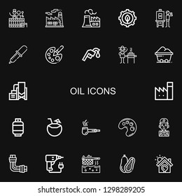 Editable 22 oil icons for web and mobile. Set of oil included icons line Barrel, Factory, Nuclear plant, Green energy, Artist, Pipette, Color palette, Gas station on black background