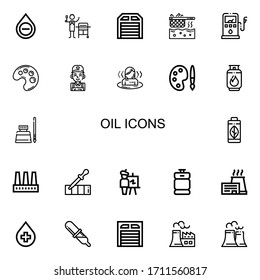Editable 22 oil icons for web and mobile. Set of oil included icons line Blood, Gas, Garage, Fryer, Gas station, Palette, Mechanic, Sauna, Ink, Green energy on white background