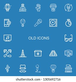 Editable 22 old icons for web and mobile. Set of old included icons line Lantern, Inkwell, Tattoo, Caveman, Microphone, Smartphone, Hot air balloon, Turntable on blue background