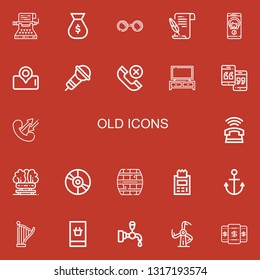 Editable 22 old icons for web and mobile. Set of old included icons line Typewriter, Money bag, Sunglasses, Literature, Call, Smartphone, Microphone, Phone, Television on red background