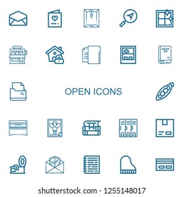 Editable 22 open icons for web and mobile. Set of open included icons line Email, Invitation, Dossier, Message, Clean window, Shop, Lock, Folder, Book, Peas on white background