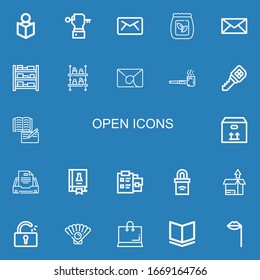 Editable 22 open icons for web and mobile. Set of open included icons line Read, Key, Email, Seed bag, Mail, Shelves, Shelf, Smoking pipe, Book, Box, Science book on blue background