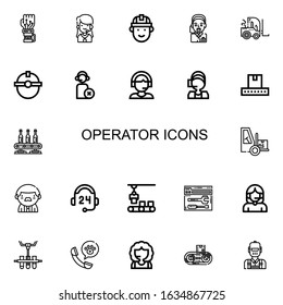 Editable 22 operator icons for web and mobile. Set of operator included icons line Mechanical arm, Call center, Engineering, Operator, Forklift, Worker, Support on white background