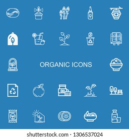 Editable 22 organic icons for web and mobile. Set of organic included icons line Coffee bean, Gardening, Asparagus, Mayonnaise, Beehive, Plant, Lemonade, Sprout on blue background