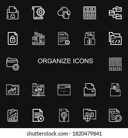 Editable 22 organize icons for web and mobile. Set of organize included icons line Folder, File, Folders, Archive, Shared folder on black background