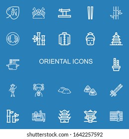 Editable 22 oriental icons for web and mobile. Set of oriental included icons line Om, Shogun, Katana, Chopsticks, Bamboo, Peking duck, Kimono, Geisha, Pagoda on blue background