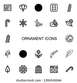 Editable 22 ornament icons for web and mobile. Set of ornament included icons line Frame, Lotus, Leaves, Cracker, Pisa, Candy cane, Snowflake, Snow, Leaf, Indian on white background