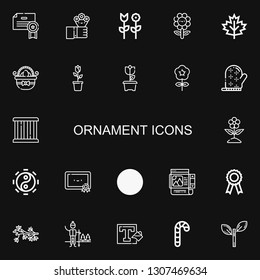 Editable 22 ornament icons for web and mobile. Set of ornament included icons line Certificate, Flowers, Flower, Leaf, Easter eggs, Mitten, Cage, Taoism, Certification on black background