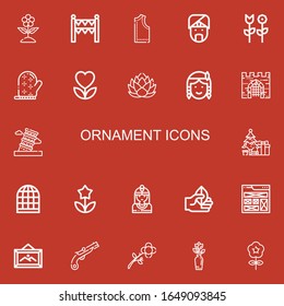 Editable 22 ornament icons for web and mobile. Set of ornament included icons line Flower, Gate, Pattern, Indian, Mitten, Lotus, Native american, Pisa, Christmas tree on red background