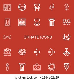 Editable 22 ornate icons for web and mobile. Set of ornate included icons line Frame, Laurel, Flower, Column, Bow, Flowers, Chandelier on red background