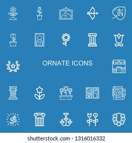 Editable 22 ornate icons for web and mobile. Set of ornate included icons line Flower, Frame, Bow, Om, Column, Laurel, Pedestal, Flowers, Chandelier on blue background