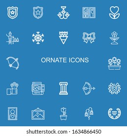 Editable 22 Ornate Icons For Web And Mobile. Set Of Ornate Included Icons Line Police Badge, Chandelier, Frame, Flower, Snow, Snowflake, Flowers, Bow, Column On Blue Background