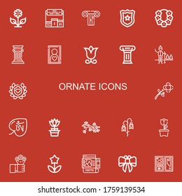 Editable 22 Ornate Icons For Web And Mobile. Set Of Ornate Included Icons Line Flower, Pedestal, Column, Police Badge, Frame, Snow, Laurel, Om, Flowers, Bow On Red Background