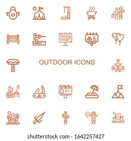 Editable 22 outdoor icons for web and mobile. Set of outdoor included icons line Apron, Camp, Gym station, Barbecue, Paintball, Bench, Water ski, Billboard on white background