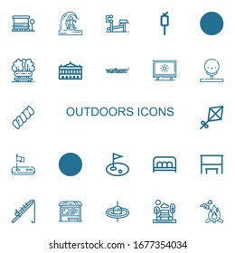 Editable 22 outdoors icons for web and mobile. Set of outdoors included icons line Bus stop, Skimboard, Bench, Marshmallow, Kite, Palais garnier, Verizon, Tracing on white background