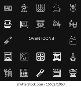 Editable 22 oven icons for web and mobile. Set of oven included icons line Microwave oven, Cooker, Stove, Toaster, Ketchup, Microwave, Fireplace, Burner, Tandoor on black background