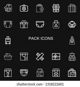 Editable 22 Pack Icons For Web And Mobile. Set Of Pack Included Icons Line Backpack, Briefcase, Shopping Bag, Gift, Diaper, Luggage, Wet Wipes, Package, Chewing Gum On Black Background