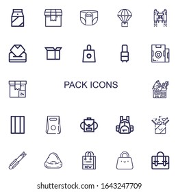 Editable 22 pack icons for web and mobile. Set of pack included icons line Milk, Package, Diaper, Parachute, Jetpack, Wipes, Shopping bag, Suitcase, Parcel on white background