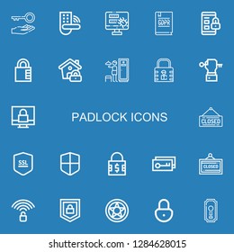 Editable 22 padlock icons for web and mobile. Set of padlock included icons line Key, Padlock, Password, GDPR, Lock, Lockers, Closed, Ssl, Firewall, Unlocked on blue background