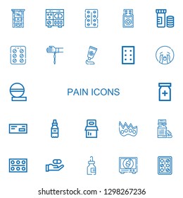 Editable 22 pain icons for web and mobile. Set of pain included icons line Guillotine, Pills, Antibiotic, Medicine, Vitamins, Contraceptive pills, Handkerchief on white background