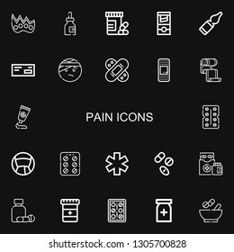 Editable 22 pain icons for web and mobile. Set of pain included icons line Knuckle, Medicine, Vitamins, Guillotine, Vials, Injured, Bandage, Plaster, Antibiotic on black background