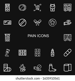 Editable 22 pain icons for web and mobile. Set of pain included icons line Guillotine, Pills, Tooth, Stun gun, Medicine, Pill, Diaspora, Orthopedic, Antibiotic on black background