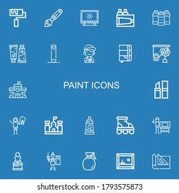 Editable 22 paint icons for web and mobile. Set of paint included icons line Roller, Paint brush, Tracing, Acrylic, tube, Crayon, Mechanic, Sketchbook on blue background