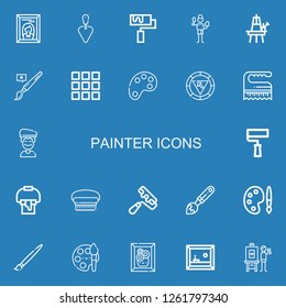 Editable 22 painter icons for web and mobile. Set of painter included icons line Painting, Trowel, Roller, Brush, Easel, Palette, Color palette, Artist, Paint roller on blue background