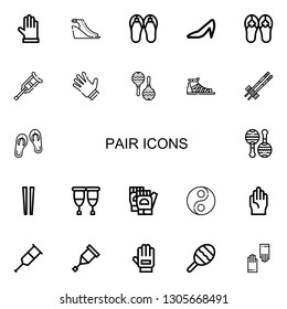 Editable 22 pair icons for web and mobile. Set of pair included icons line Gloves, Sandals, Heels, Crutch, Maraca, Chopsticks, Maracas, Crutches, Yin yang on white background