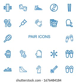 Editable 22 pair icons for web and mobile. Set of pair included icons line Gum, Gloves, Sandals, Yin yang, Chopsticks, Maracas, Crutch, Maraca, Glove, Positive ion on white background