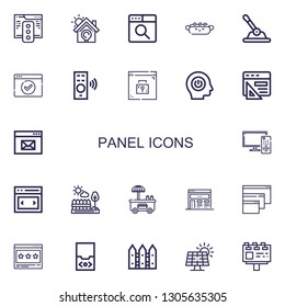 Editable 22 panel icons for web and mobile. Set of panel included icons line Browser, Solar energy, Hot dog, Control, Remote control, Power, Slider, Fences on white background