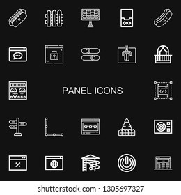 Editable 22 panel icons for web and mobile. Set of panel included icons line Hot dog, Fences, Solar panel, Audio player, Browser, Sliders, Balcony, Control on black background