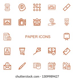 Editable 22 paper icons for web and mobile. Set of paper included icons line Waste, Money, Pattern, Newspaper, Rubber, Image, Schedule, School, Dispenser, File on white background