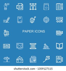 Editable 22 paper icons for web and mobile. Set of paper included icons line Pen, Money, Text editor, Take away, Notepad, Write, Book, Mail, Dollar, Deadline on blue background