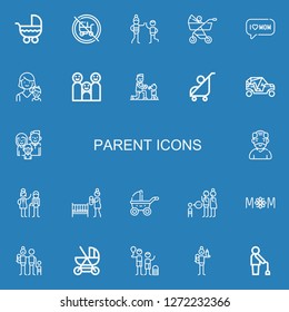 Editable 22 parent icons for web and mobile. Set of parent included icons line Stroller, Baby carriage, Uncle, Mom, Mother, Family, Fatherhood, Buggy, Old man on blue background