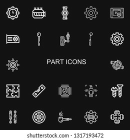 Editable 22 part icons for web and mobile. Set of part included icons line Settings, Engine, Pipes, Setting, Cpu, Match, Suspension, Tracing wheel, Wheel, Puzzle on black background