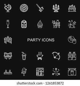 Editable 22 party icons for web and mobile. Set of party included icons line Ice cream, Barbecue, Soda can, Candle, Cake, Champagne glass, Beer can, Cupcake on black background