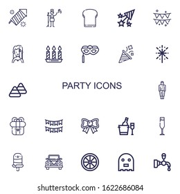 Editable 22 party icons for web and mobile. Set of party included icons line Fireworks, Pop singer, Toast, Confetti, Party, Singer, Candles, Eye mask, Candy corn on white background