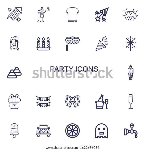 Editable 22 party
icons for web and mobile. Set of party included icons line
Fireworks, Pop singer, Toast, Confetti, Party, Singer, Candles, Eye
mask, Candy corn on white
background
