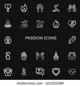Editable 22 passion icons for web and mobile. Set of passion included icons line Heart, Bonfire, Couple, Fire, Love, Flame on black background