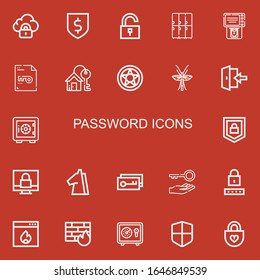 Iconos editables de 22 contraseñas para web y móvil. El conjunto de contraseñas incluye iconos línea Seguridad, Protección, Desbloqueo, Bloqueadores, Atm, Palabra clave, Clave de Casa, Protección de datos en fondo rojo