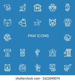 Editable 22 paw icons for web and mobile. Set of paw included icons line Dog, Veterinarian, Dog house, Cat, Pet, Veterinary, Scratching on blue background