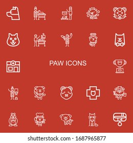 Editable 22 paw icons for web and mobile. Set of paw included icons line Dog, Veterinarian, Hamster, Cat, Veterinary, Pet, Polar bear, Collar on red background