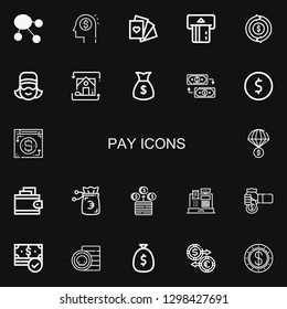 Editable 22 pay icons for web and mobile. Set of pay included icons line Dollar, Money, Cards, Atm, Refund, Cashier, Exchange, Coin, Payment method, Wallet on black background
