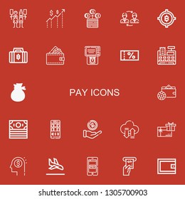Editable 22 pay icons for web and mobile. Set of pay included icons line Trade, Money, Exchange, Bitcoin, Wallet, Atm, Voucher, Cash register, Transfer, Gift card on red background