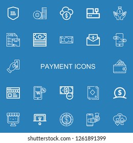 Editable 22 payment icons for web and mobile. Set of payment included icons line Ssl, Coin, Funds, Cashbox, Money, Wishlist, Bill, Online store, Insert coin on blue background