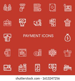 Editable 22 payment icons for web and mobile. Set of payment included icons line Coin, Atm, Budget, Card, Money, Online shop, Bill, Cashbox, Cash register, Online store on red background